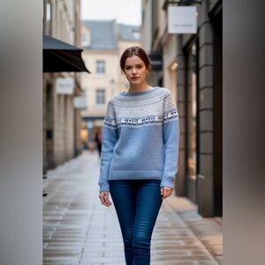 Women's Hand Knit “Sheep Happens” Pullover Sweater Blue in Medium